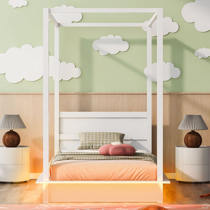 LED Canopy Bed, Canopy Platform Bed With Support Slats, No Box Spring Needed
