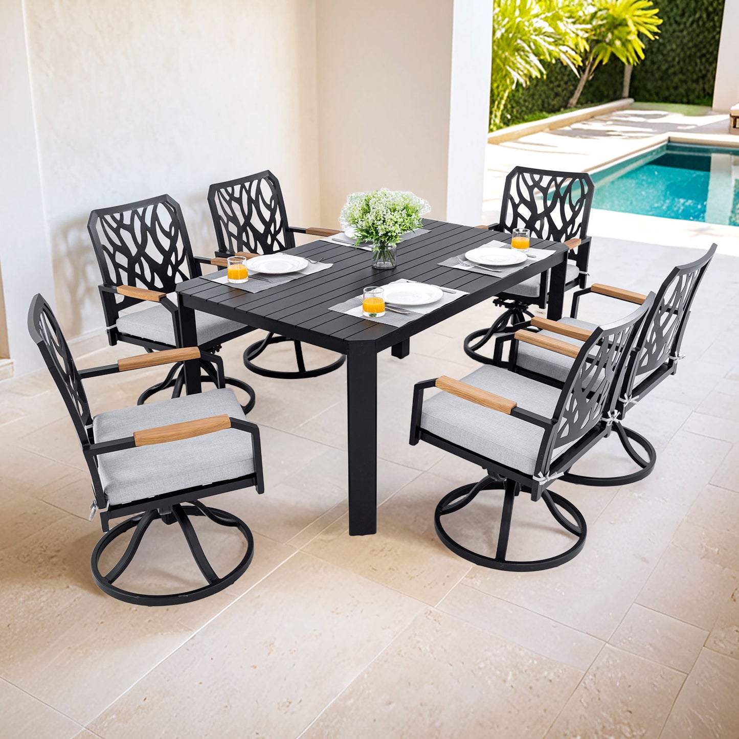 7 Pieces Outdoor Patio Furniture Set, Modern Dining Set With 6 Swivel Rockers Sunbrella Fabric, Rectangular Table With Umbrella Hole - Bourbon Brown