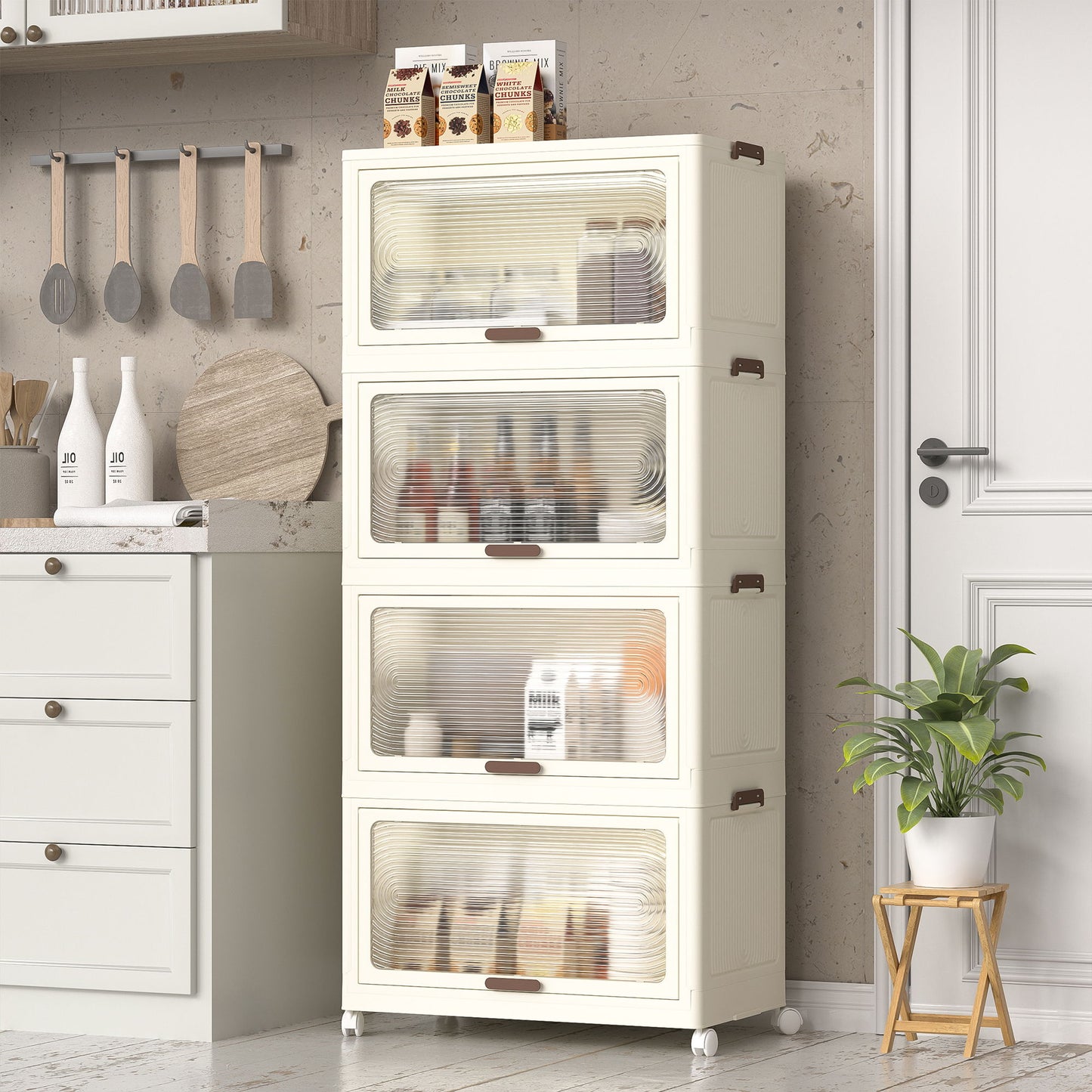 4 Tier Plastic Storage Bins With Lids, 230Qt Capacity, Stackable And Collapsible With Wheels - Cream White