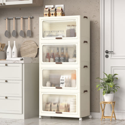 4 Tier Plastic Storage Bins With Lids, 230Qt Capacity, Stackable And Collapsible With Wheels - Cream White