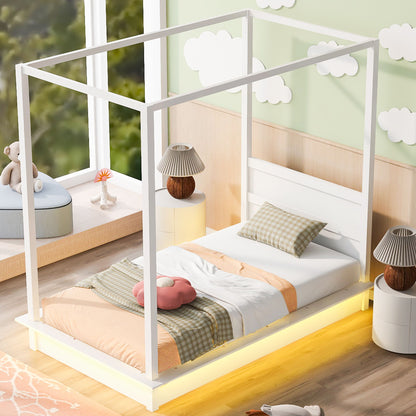 LED Canopy Bed, Canopy Platform Bed With Support Slats, No Box Spring Needed