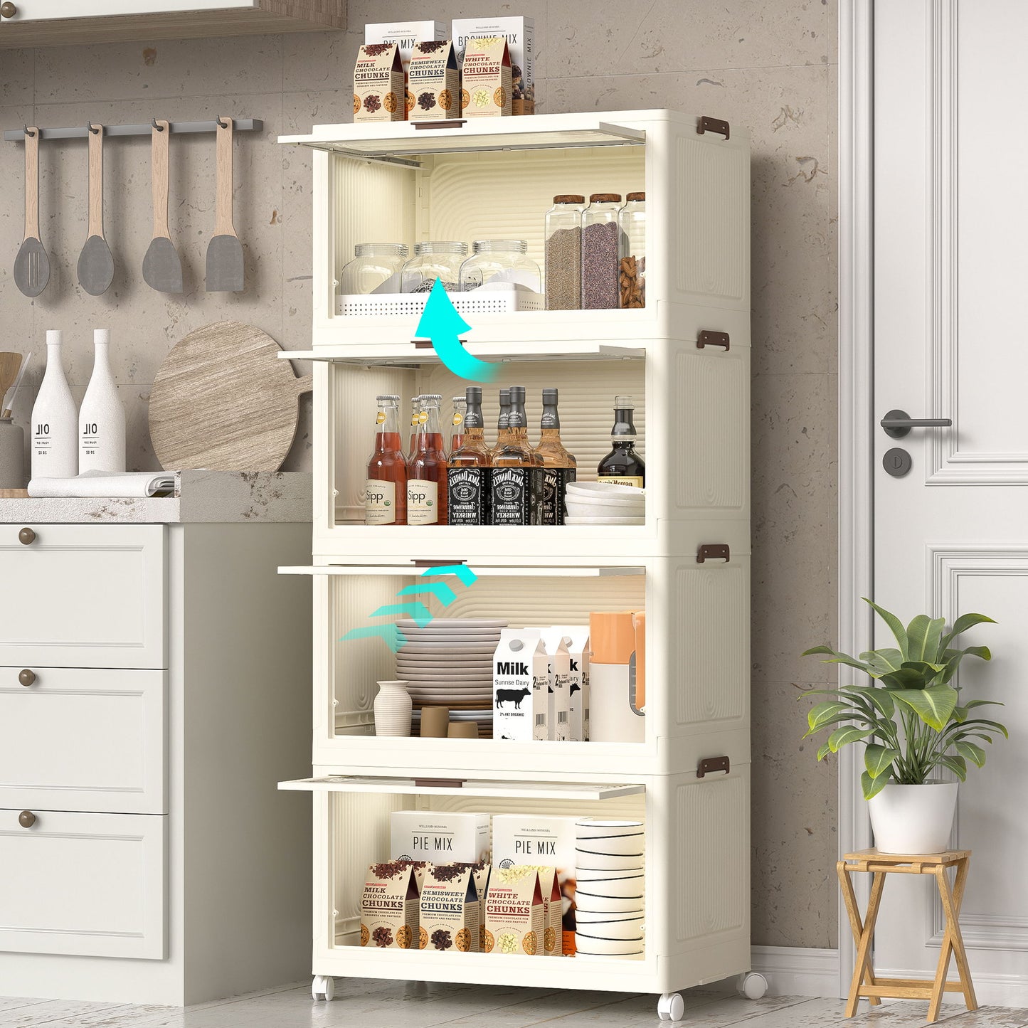 4 Tier Plastic Storage Bins With Lids, 230Qt Capacity, Stackable And Collapsible With Wheels - Cream White