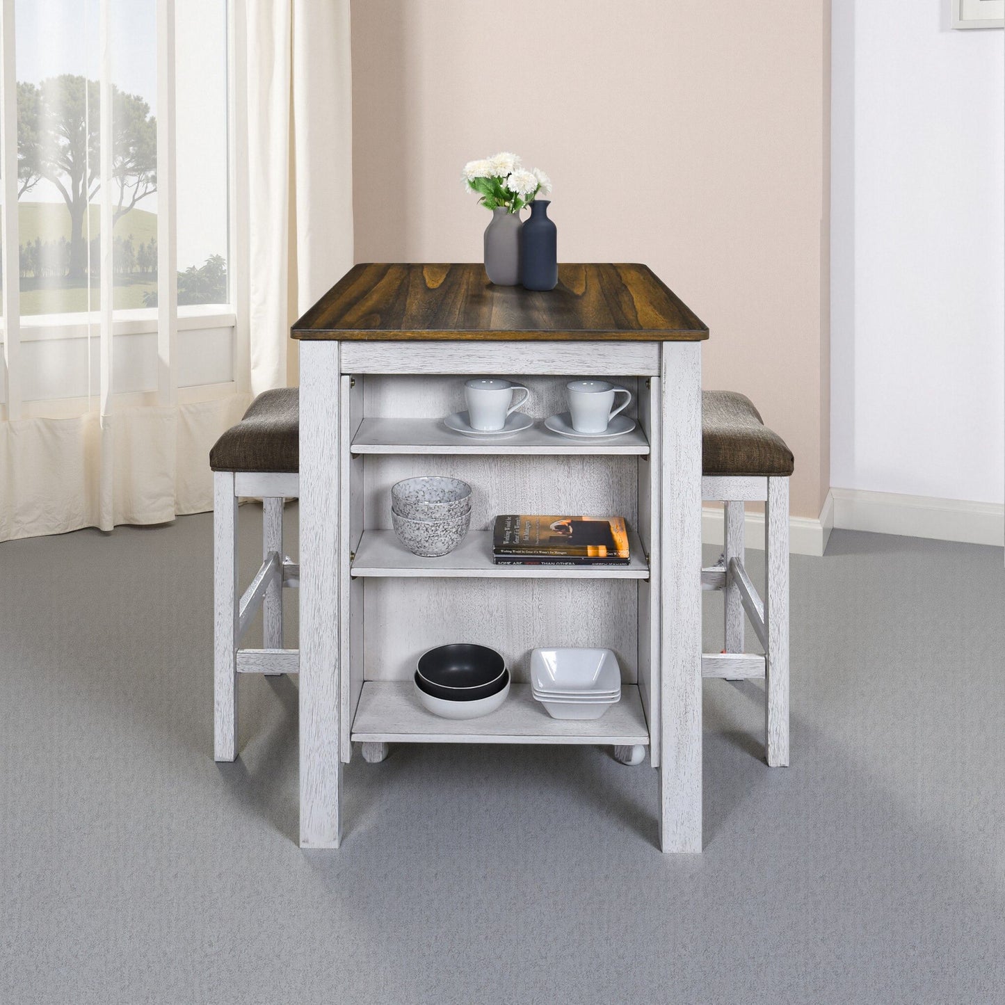 3 Pieces Counter Set Storage Space For Small Space Modern Farmhouse Design Retro Design Easy To Assembly - Antique Dark Oak / Antique White