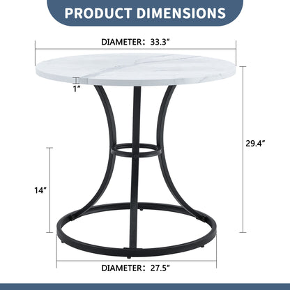 Modern Minimalist Circular Dining Table With Marble Texture And Metal Legs - White / Black