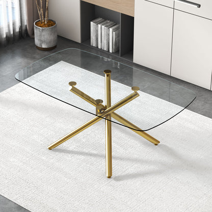 Modern Minimalist Glass Dining Table With 0.39" Tempered Glass Top & en Metal Legs For 6 - 8 People - Golden