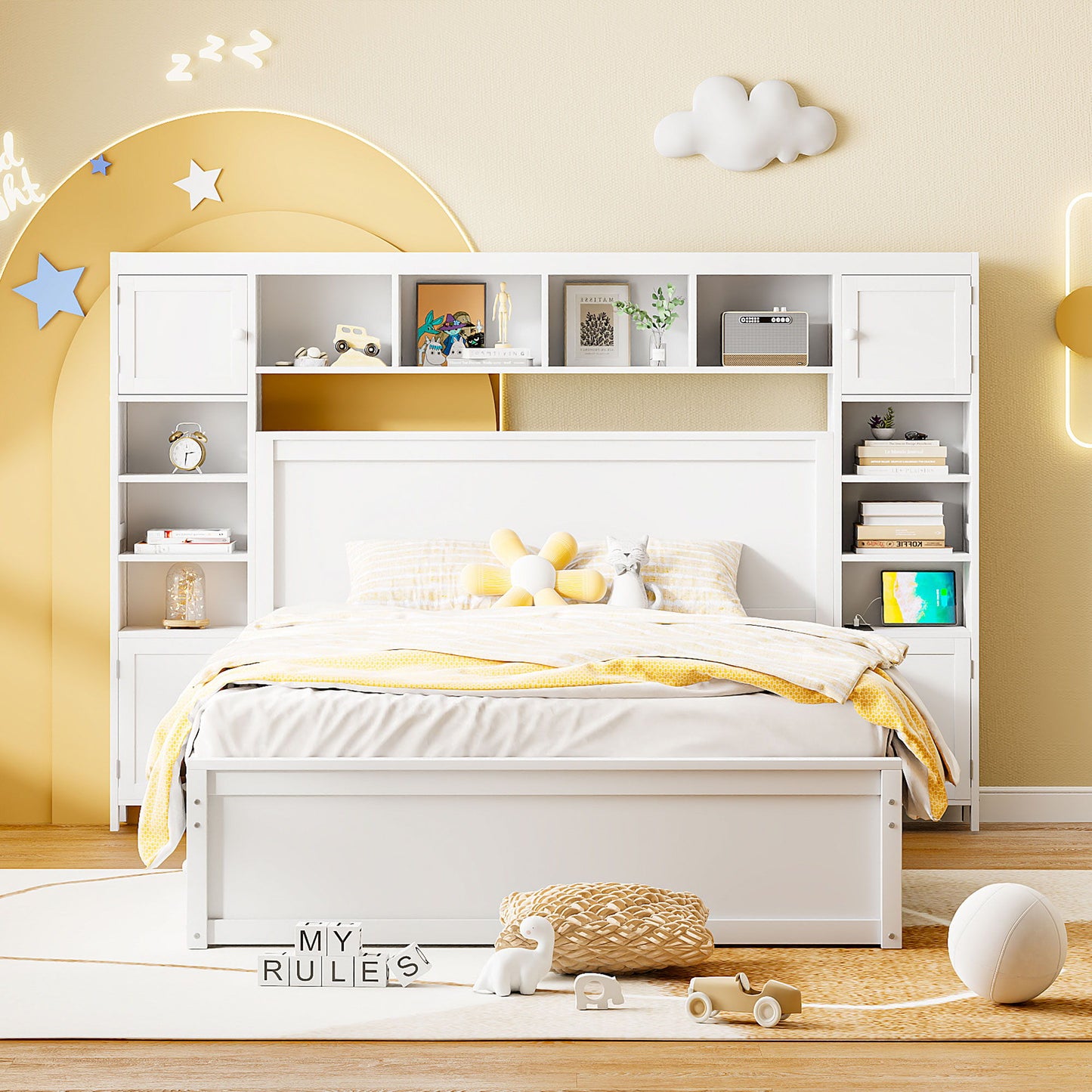 Bed With All In One Cabinet, Shelf And Sockets, Twin Long Trundle