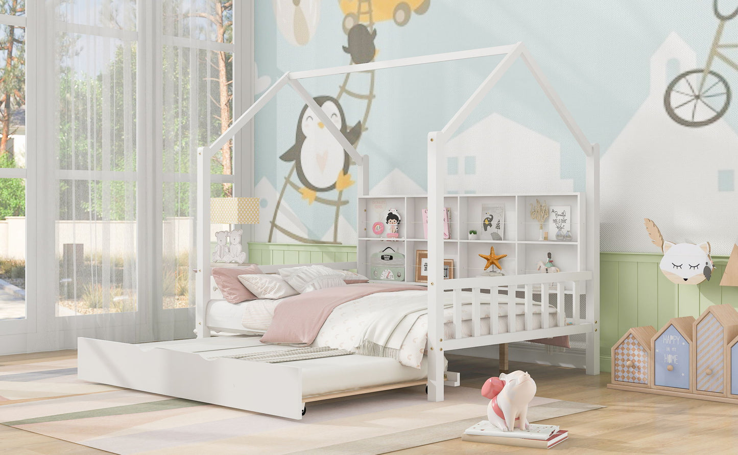 House Bed With Trundle, Kids Bed With Shelf
