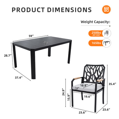 7 Pieces Outdoor Patio Furniture Set, Modern Dining Set With 6 Dining Chairs Sunbrella Fabric, Rectangular Table With Umbrella Hole - Bourbon Brown