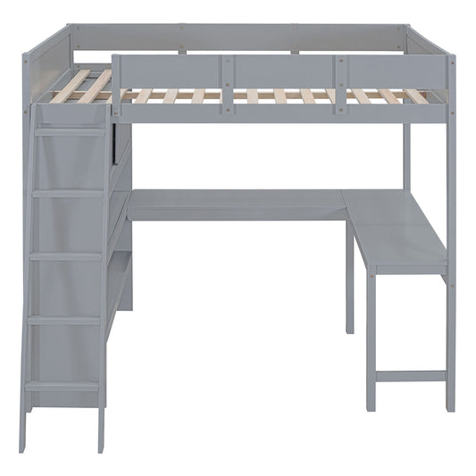 Full Size Modern Loft Bed With Desk And Shelves - Gray