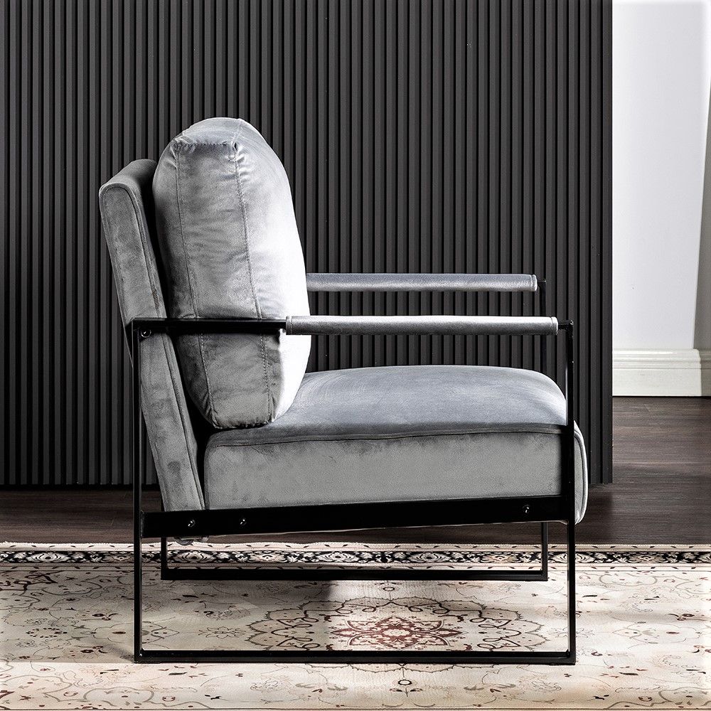 Classic Mid Century Modern Accent Chair With Durable Square Metal Frame, Armchair Upholstery - Gray