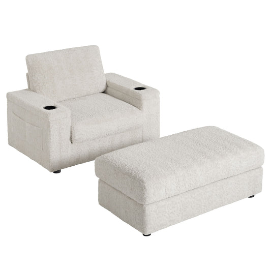 Oversized Chaise Lounge Indoor Rabbit Fur Sofa Bed With Storage Ottoman And Armrests Cup Holders With Deep Seat - Beige