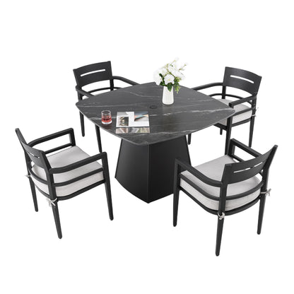 5 Piece Outdoor Pedestal Dining Set, Rounded Square Table With Flared Base And 4 Armchairs - Ember Black