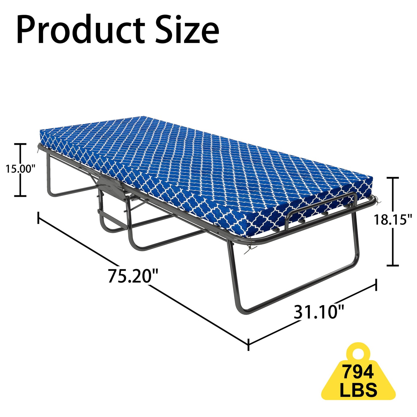Metal Folding Bed Frame With Foam Mattress, Easy Storage, Movable With 4 Castors - Black / Blue