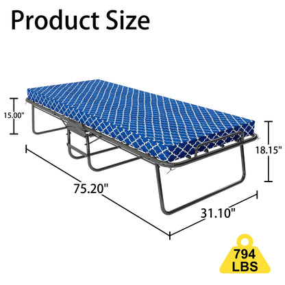 Metal Folding Bed Frame With Foam Mattress, Easy Storage, Movable With 4 Castors - Black / Blue
