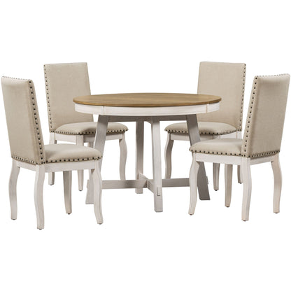 Farmhouse Dining Table Set Wood Round Extendable Dining Table And Upholstered Dining Chairs