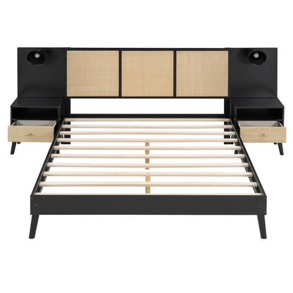Queen Size Bed Frame With 2 Nightstands Elegant Design With Lamps - Black
