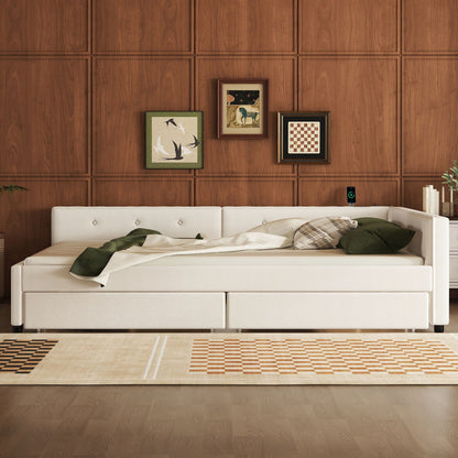 Queen Size Platform Bed With USB Ports And 2 Storage Drawers - Beige