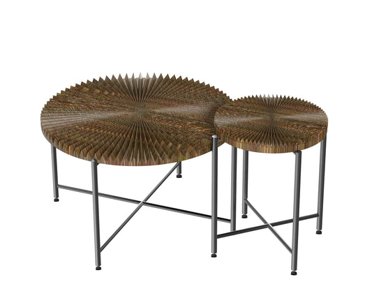Radial - Pattern Coffee And End Table Set Waterproof Cover, Distressed Cylindrical Design, Legs Classic Rustic Charm (Set of 2) - Walnut Brown