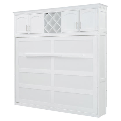 Queen Size Murphy Wall Bed With Top Cabinets & Wine Rack - White