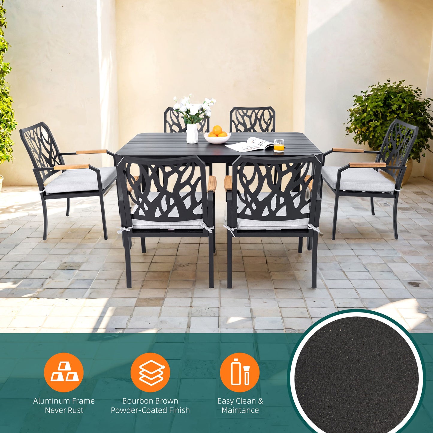 7 Pieces Outdoor Patio Furniture Set, Modern Dining Set With 6 Dining Chairs Sunbrella Fabric, Rectangular Table With Umbrella Hole - Bourbon Brown