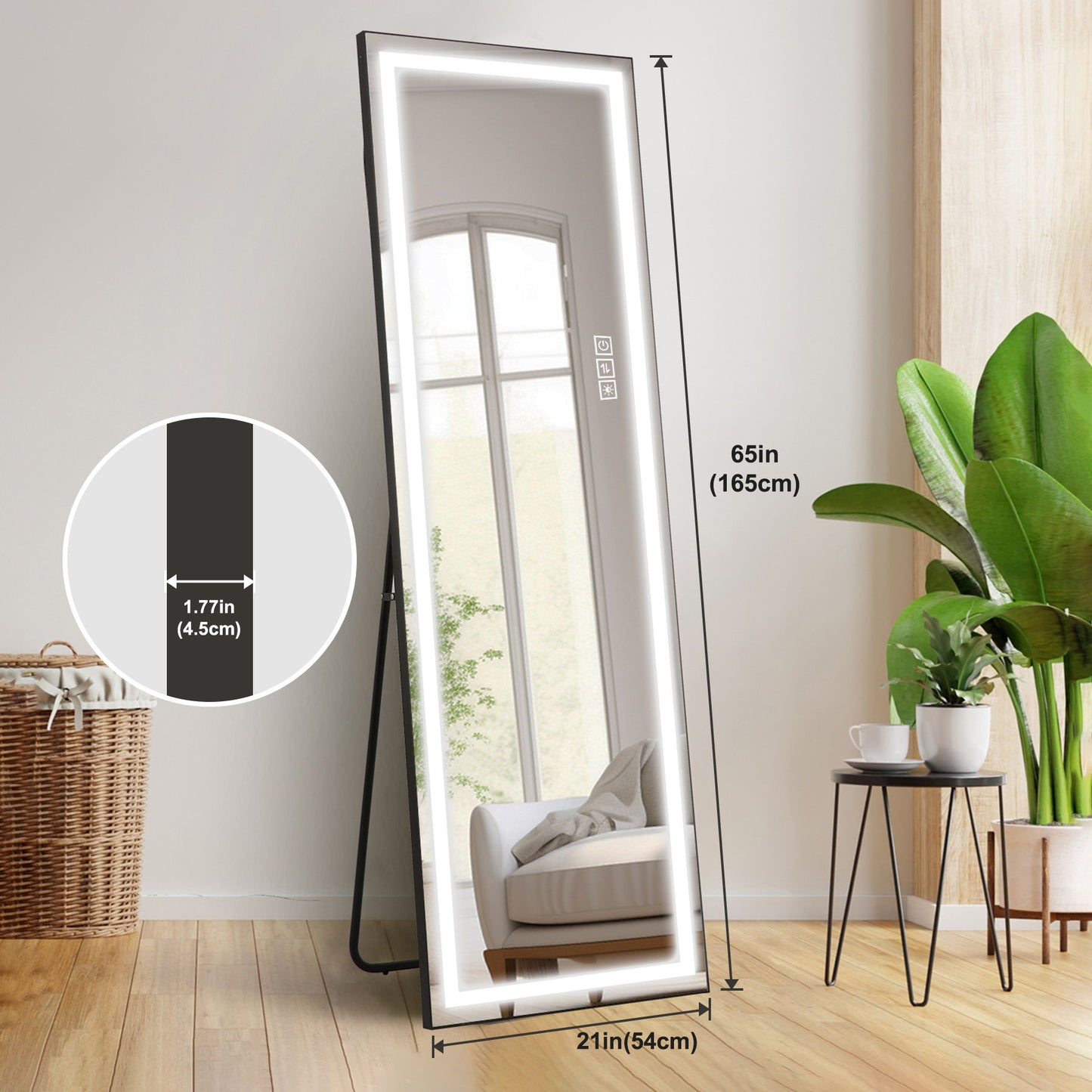 Full-Length Vertical Mirror With LED Light, Dimming Wall Mirror With Frame