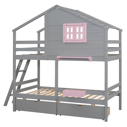 Twin Over Twin Bunk Bed With Drawers, Playhouse Inspired, Storage Box, Shelf, Window, And Roof - Gray