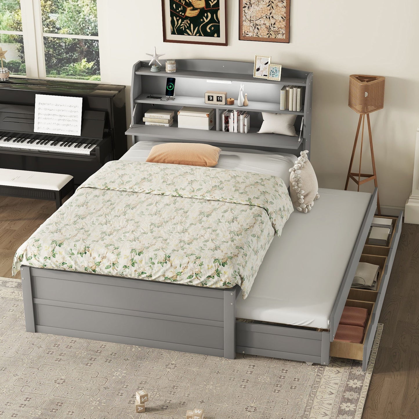 LED Platform Bed With Trundle With Storage Headboard With Drawers