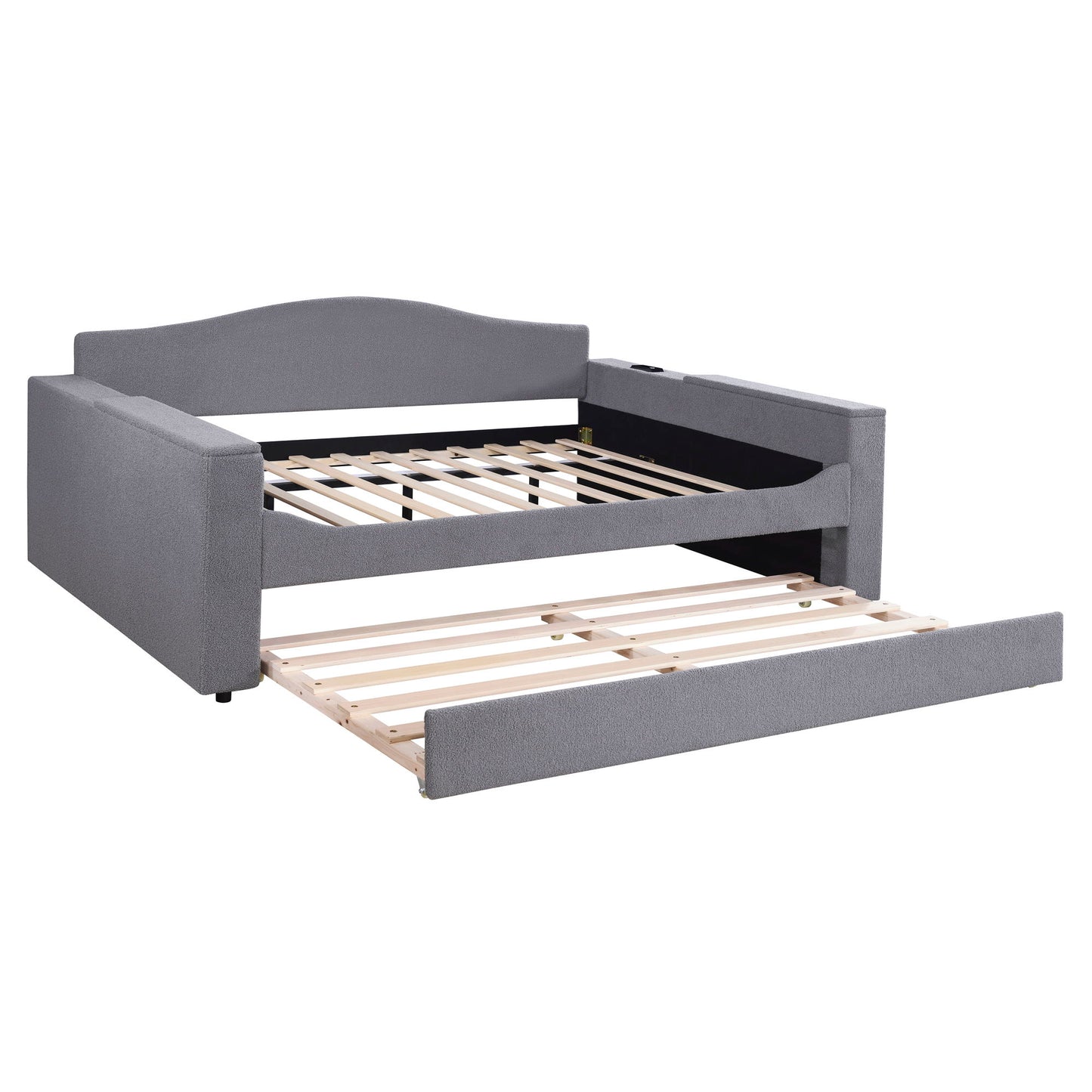 Full Size Upholstered Daybed With Storage Armrests, Trundle And Latest Integrated Bluetooth Audio System, Teddy Fleece - Gray