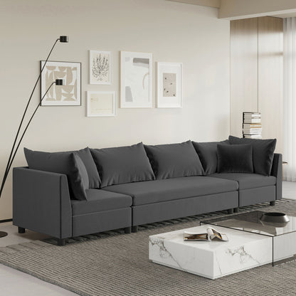 Modern Modular Sectional Oversized 4 Seat Couch Set & 4 Pillows, Minimalist Style Wide Seat Comfy Sofa - Gray