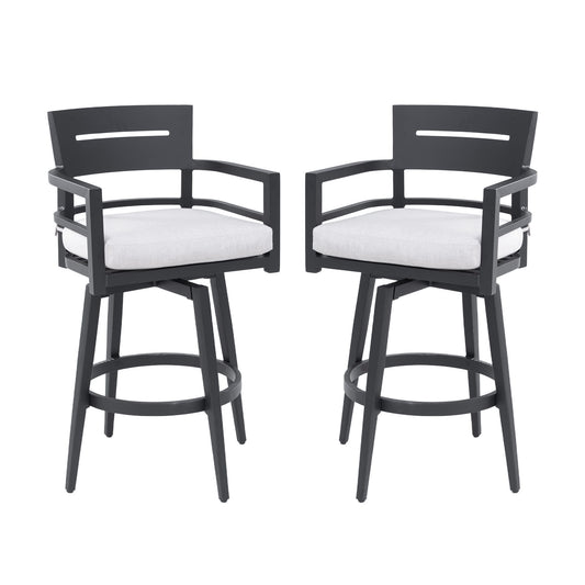 Modern Outdoor Swivel Bar Chairs, 360 Degree Rotation, Ergonomic Backrest, Armrests & Sunbrella Cushions, Weather Resistant (Set of 2) - Ember Black