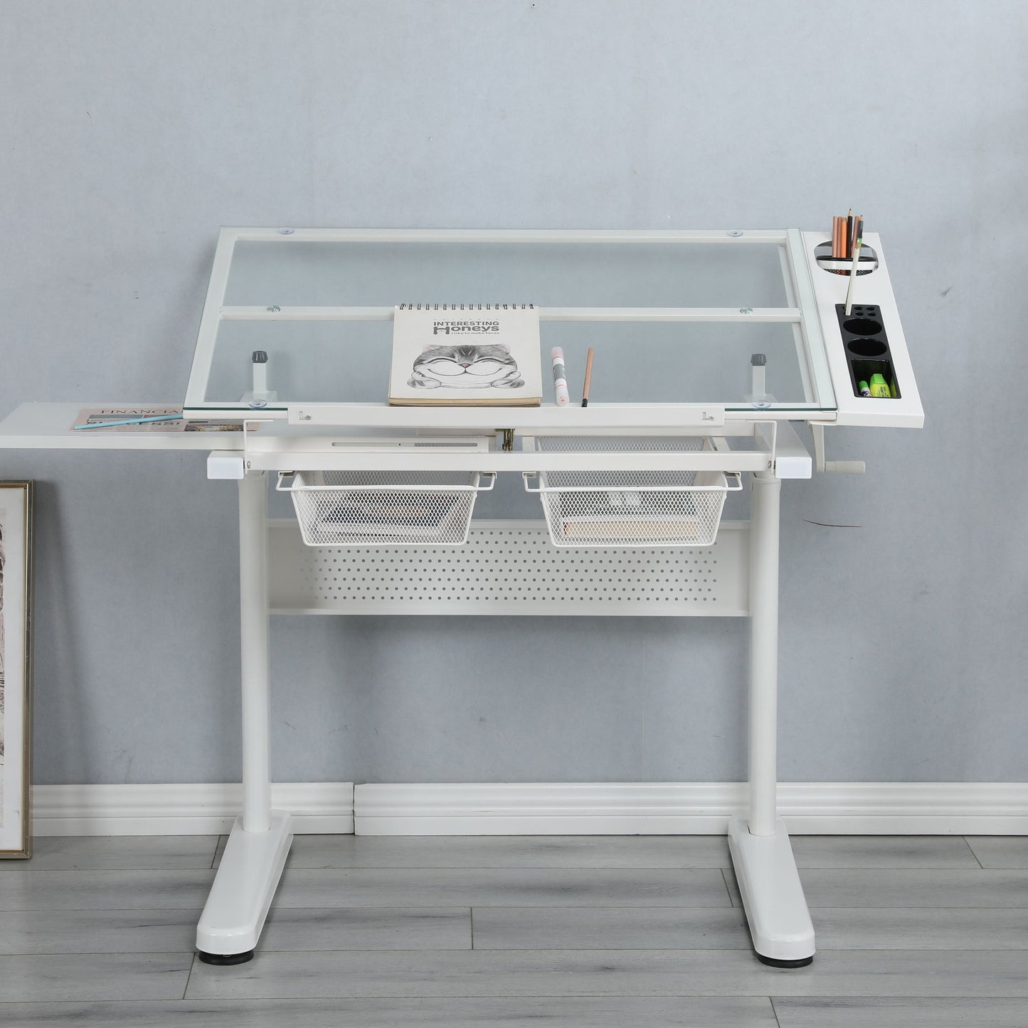 38.18" Hand Crank Adjustable Drafting Table Drawing Desk With 2 Metal Drawers With Stool