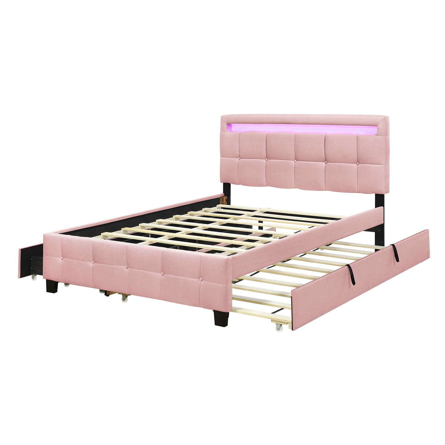 Upholstered Platform Bed With LED Frame, With Trundle And 2 Drawers