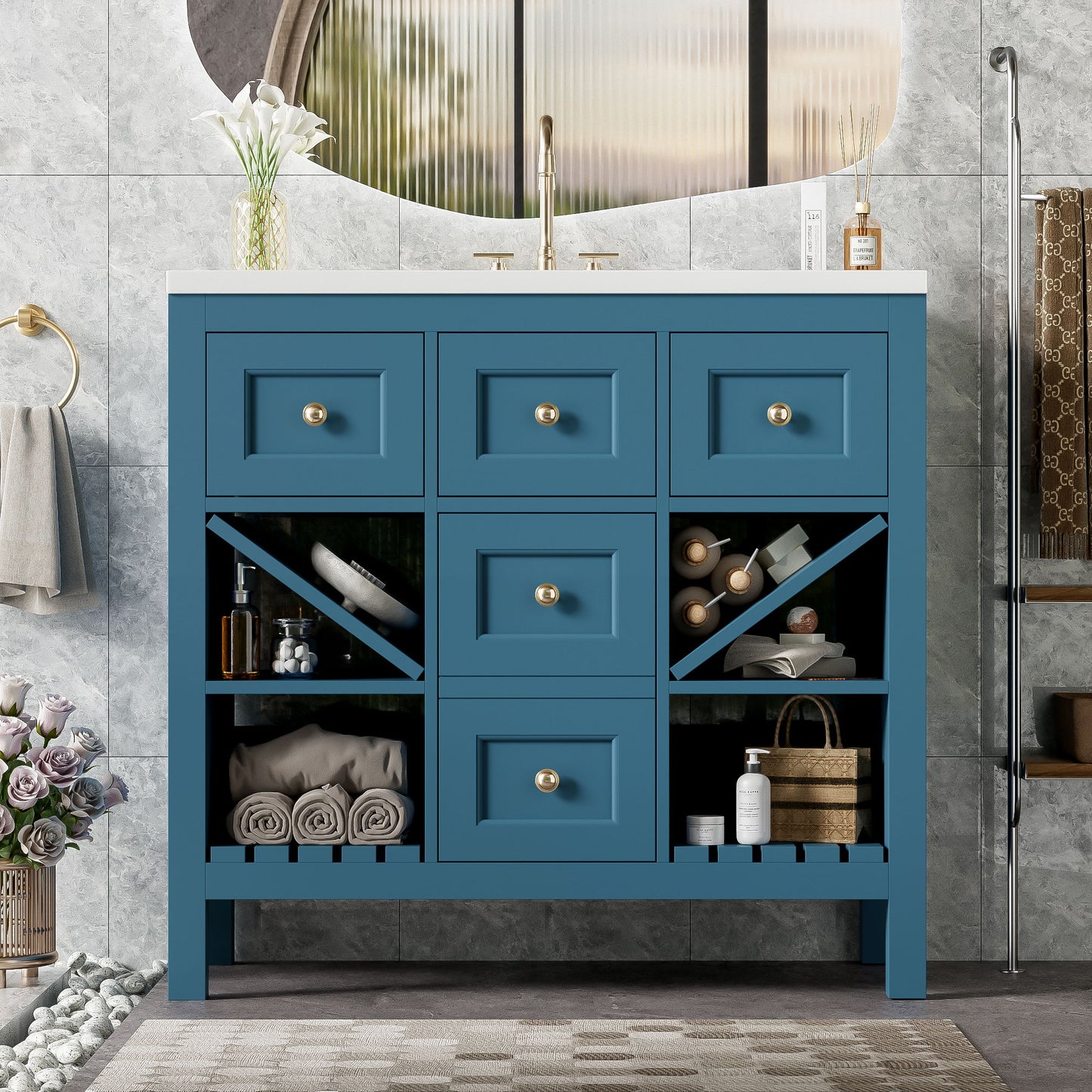 Bathroom Vanity With Resin Sink Combo, Freestanding Vanity Set With 5 Drawers