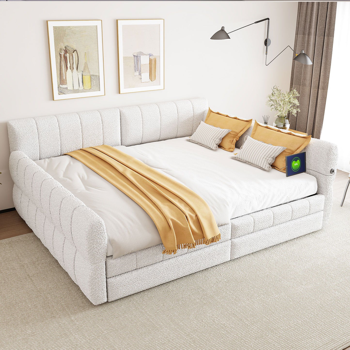 Queen Platform Bed With USB, 2 Drawers - White
