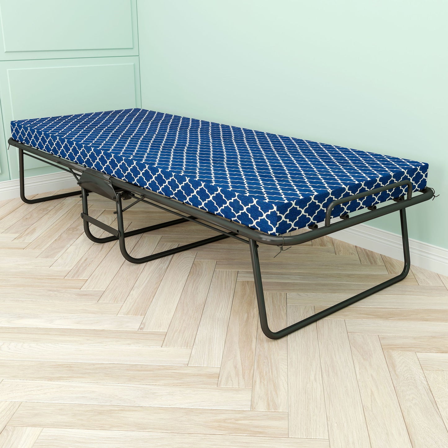 Metal Folding Bed Frame With Foam Mattress, Easy Storage, Movable With 4 Castors - Black / Blue
