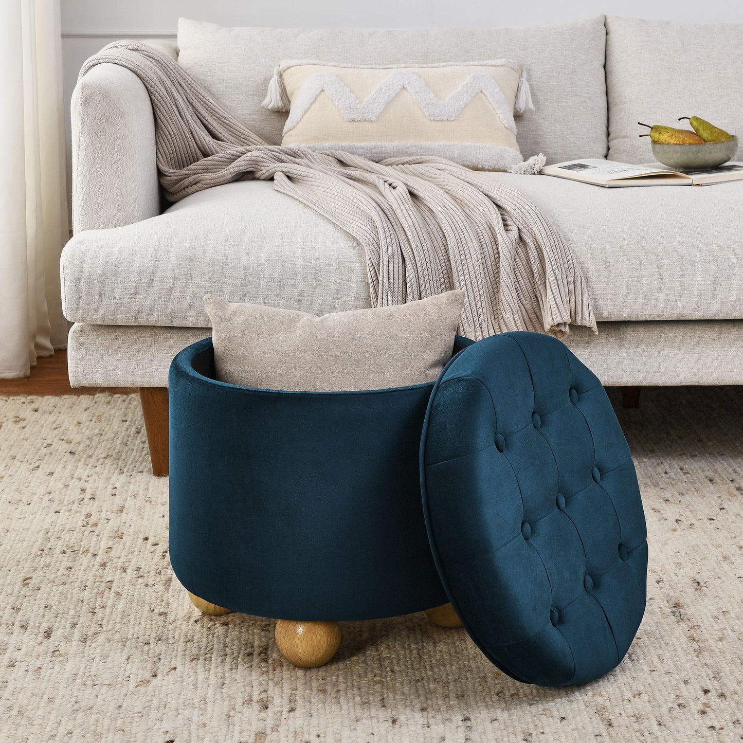 Modern Round Linen Storage Ottoman With Table Top Lid And Storage Space