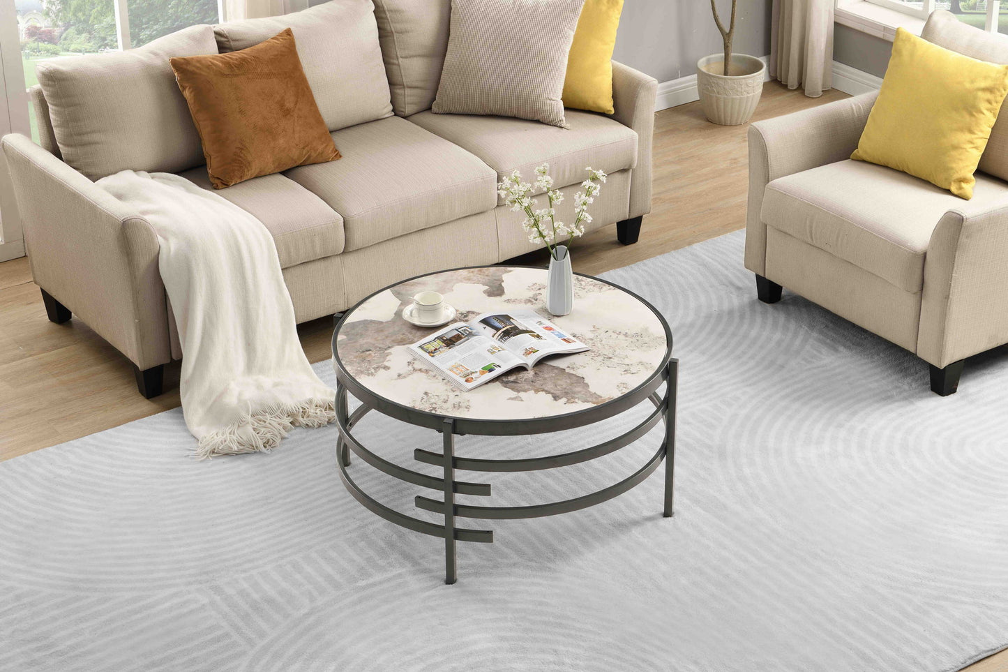 Round Table With Sintered Stone Top And Sturdy Metal Frame
