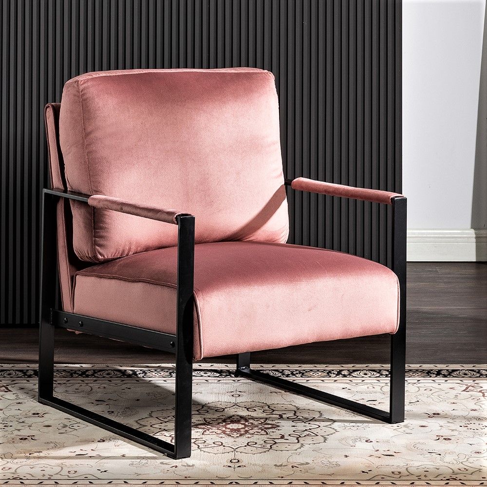 Classic Mid Century Modern Accent Chair With Durable Square Metal Frame, Armchair Upholstery - Rose
