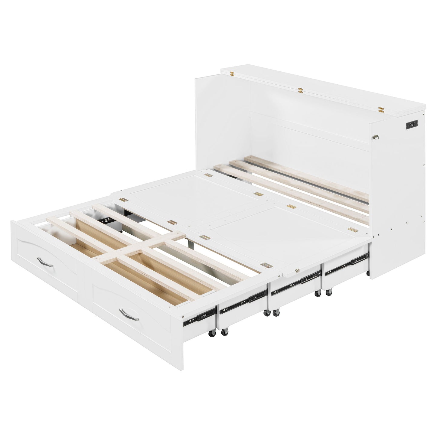 Queen Size Murphy Wall Bed With Drawer And A Set Of Sockets & USB Ports, Pulley Structure Design - White