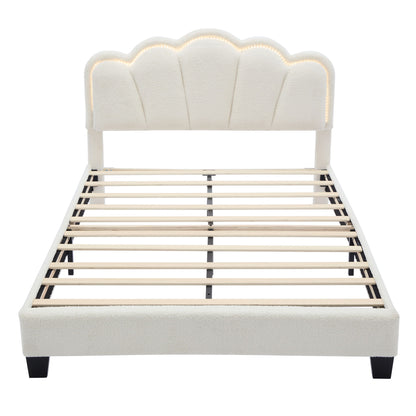 Upholstered Elegant Flowers Headboard With LED Light Strip, Platform Bed With Slats Support