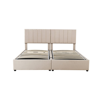 King Size Upholstered Platform Bed With A Hydraulic Storage System - Beige