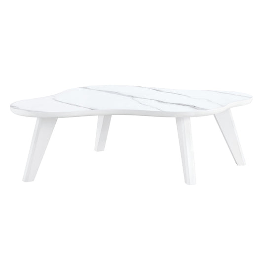 Modern Minimalist Imitation Marble Coffee Table With Solid Wood Legs And Cloud Shape Design - White
