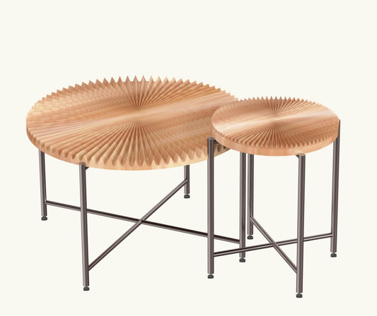 Radial - Pattern Coffee And End Table Set Waterproof Cover, Distressed Cylindrical Design, Legs Classic Rustic Charm (Set of 2) - Natural Wood / Brown