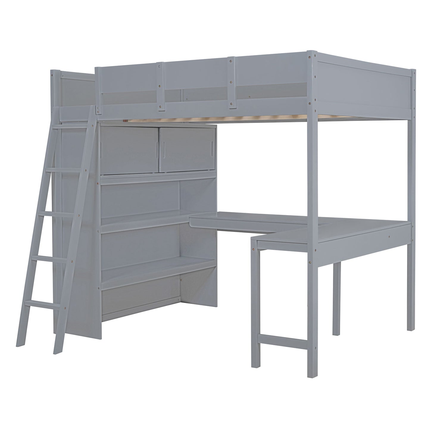 Full Size Modern Loft Bed With Desk And Shelves - Gray
