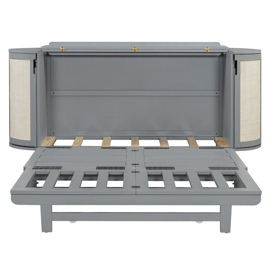 Queen Murphy Bed With Hidden Storage & Modern Woven Design - Gray
