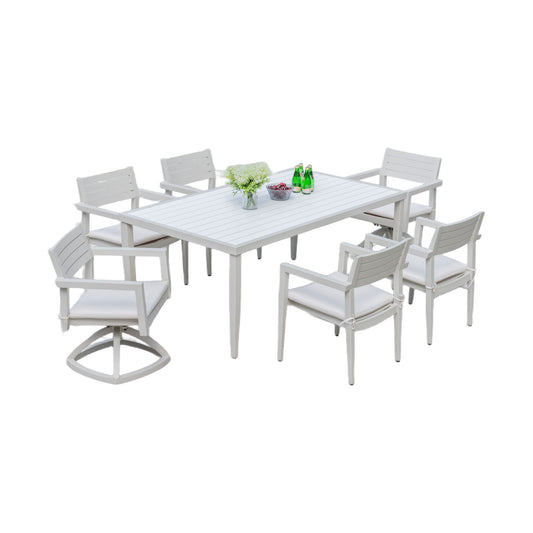 7 Piece Modern Outdoor Patio Dining Set Furniture, 4 Dining Chairs & 2 Swivel Rockers Sunbrella Fabric And 2 Tone Rectangle Table With Umbrella Hole - Matte White / Grayish
