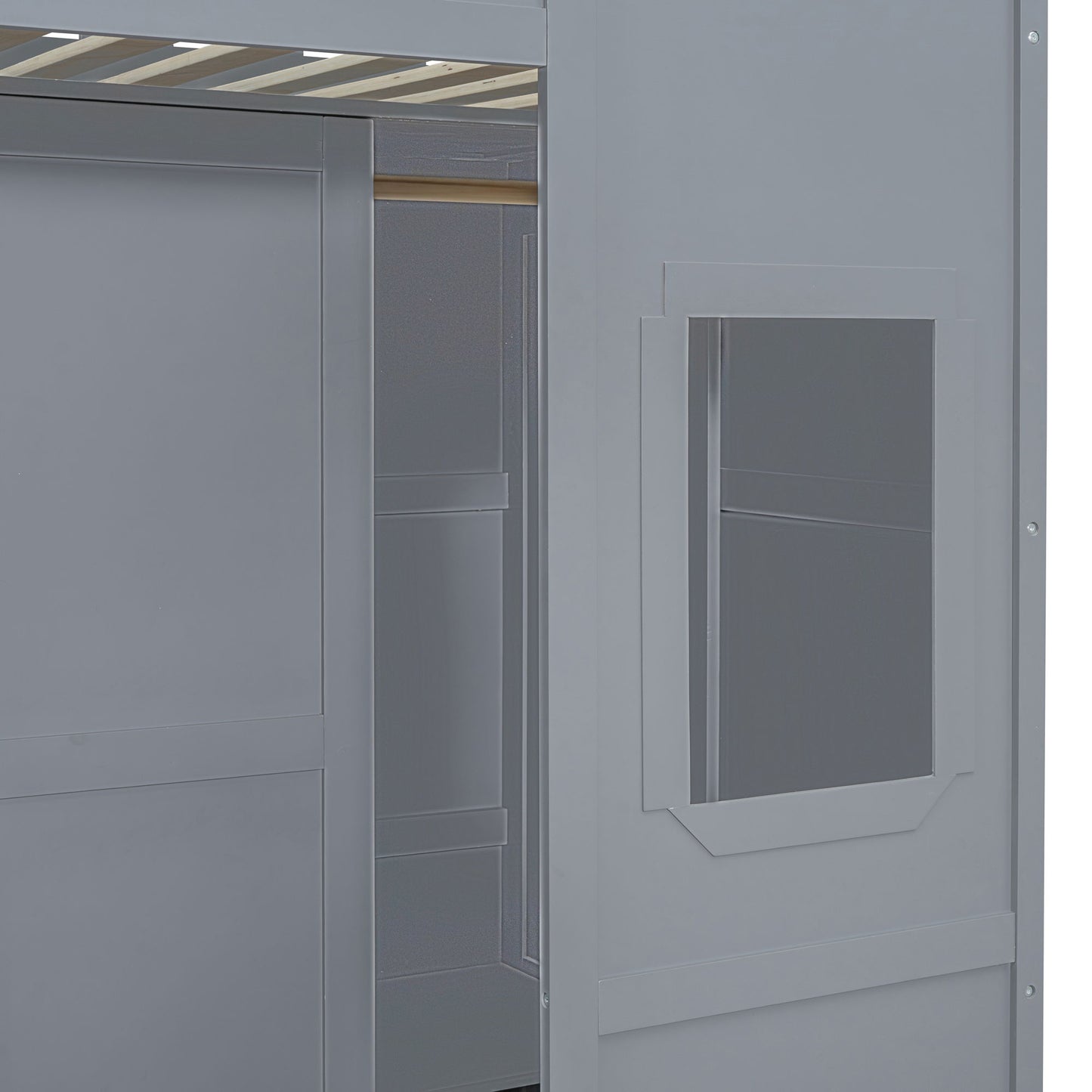 Twin Size House Loft Bed With Ladder And Wardrobe - Gray