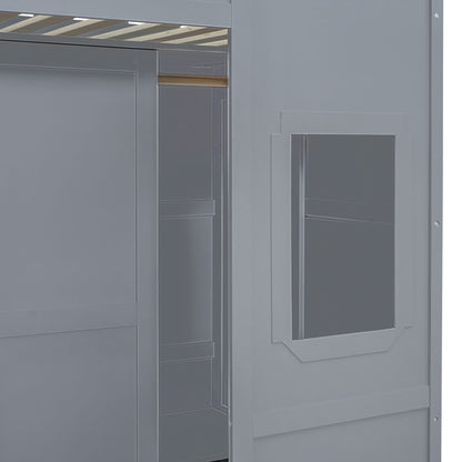 Twin Size House Loft Bed With Ladder And Wardrobe - Gray
