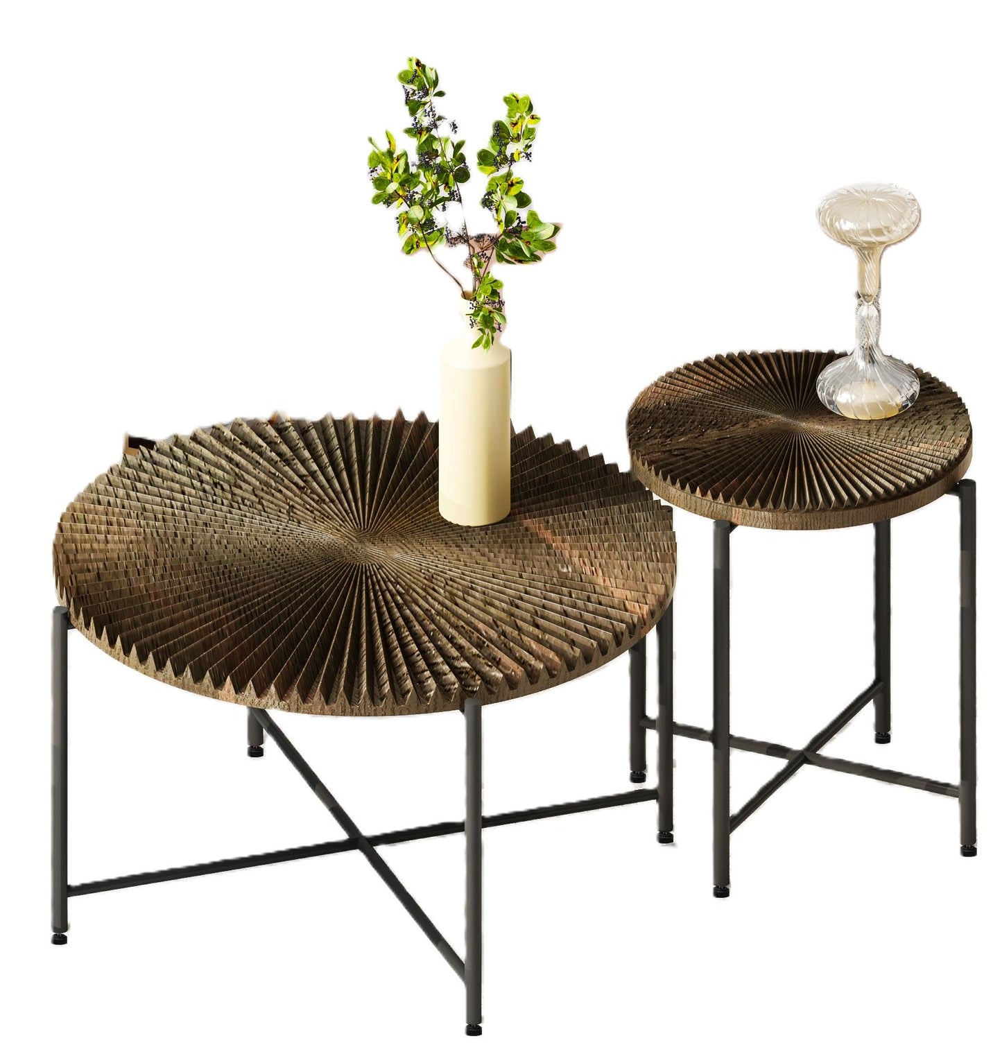 Radial - Pattern Coffee And End Table Set Waterproof Cover, Distressed Cylindrical Design, Legs Classic Rustic Charm (Set of 2) - Walnut Brown