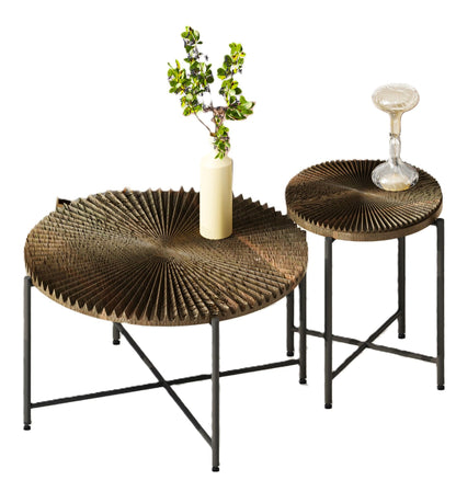Radial - Pattern Coffee And End Table Set Waterproof Cover, Distressed Cylindrical Design, Legs Classic Rustic Charm (Set of 2) - Walnut Brown